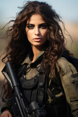 Fototapeta na wymiar Israeli patriot girl in military uniform with a weapon