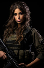 Fototapeta na wymiar Israeli patriot girl in military uniform with a weapon