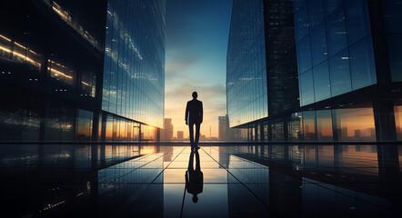 Silhouette of business man standing at sunrise in a passage between modern high-tech buildings. Follow your ambitions, way out. Futuristic business carreer concept, AI generated image.
