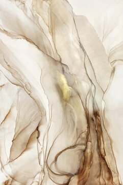 Abstract fluid art in brown, beige, and cream tones with subtle gold accents. Alcohol ink, organic swirls, marbling effect. No real property or natural materials depicted.