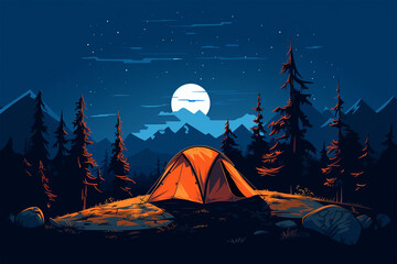 vector illustration of a camping tent view at night - obrazy, fototapety, plakaty