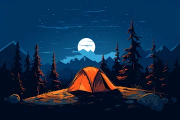 Zelfklevend Fotobehang vector illustration of a camping tent view at night © Yoshimura