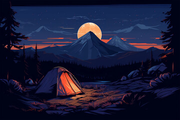 vector illustration of a camping tent view at night