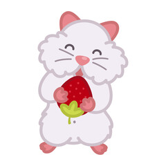 White hamster with strawberry cute cartoon doodle illustration. Happy pet.