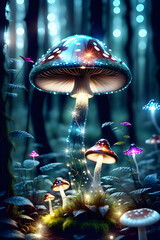 Fairytale Glowing Mushrooms in Enchanted Forest, Mystical Place of Light
