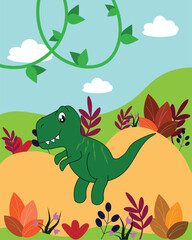 tyrannosaurus on the meadow with flowers and leaves. 