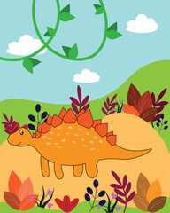 Dinosaur in a meadow with flowers and leaves.