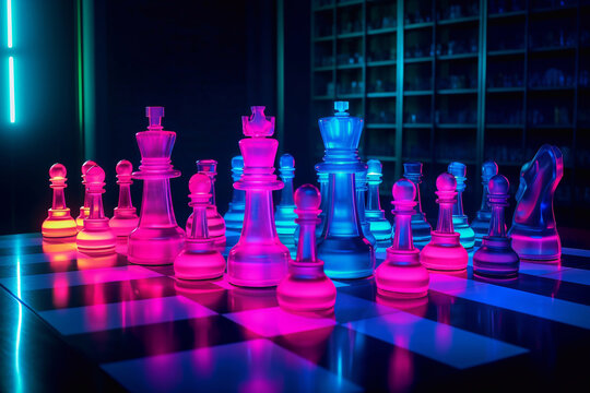 Chess pieces with neon effect. Success strategy. A game of risk.