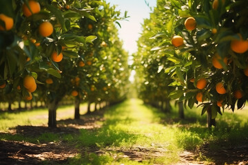 Rural landscape image of orange trees in the citrus plantation