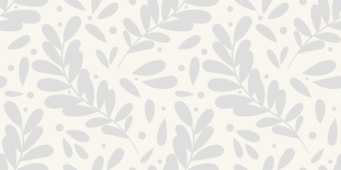 Neutral white leaf background, vector repeat pattern light grey wallpaper
