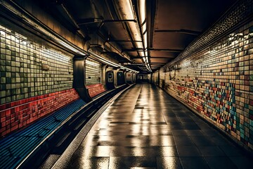 A deserted subway platform with colorful tiles and dramatic lighting. - obrazy, fototapety, plakaty