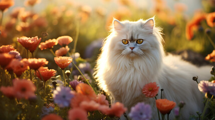 Naklejka na ściany i meble Image of Persian cat in a beautiful field of flowers
