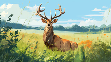 Naklejka na ściany i meble Image of sambar deer resting on green pasture grass