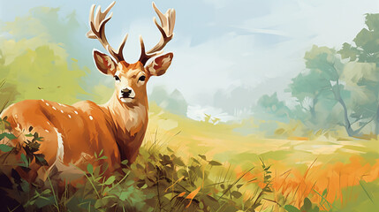 Image of sambar deer resting on green pasture grass