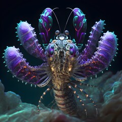 peacock mantis shrimp wearing openwork amethyst claws  - obrazy, fototapety, plakaty