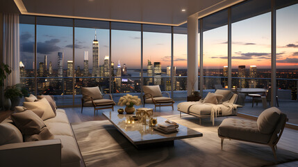 Showcase a penthouse apartment with floor-to-ceiling windows offering panoramic views of the New York skyline. Highlight the exclusivity and luxury associated with high-end urban living.