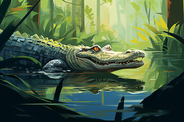 vector illustration of a view of a crocodile in a swamp - obrazy, fototapety, plakaty