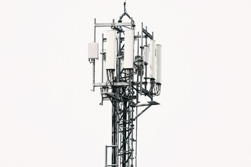 Telecommunication tower isolated close-up. cellular antenna repeater tower. 4G 5G Lte connection radio