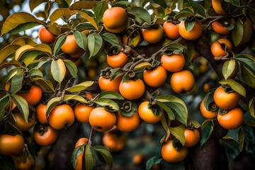 A persimmon tree laden with ripe, orange persimmons.