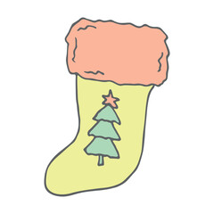 Hand drawn sock for Christmas gifts. Hanging sock doodle. Winter single design element