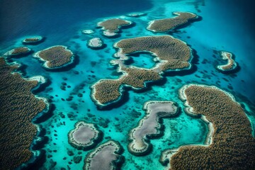 A vibrant coral atoll seen from above, with intricate reef formations and shades of blue ranging from deep navy to aquamarine.