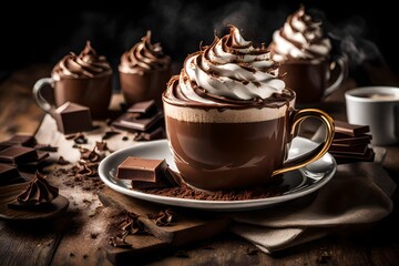 A steaming cup of rich  chocolate topped with a swirl of whipped cream and chocolate shavings