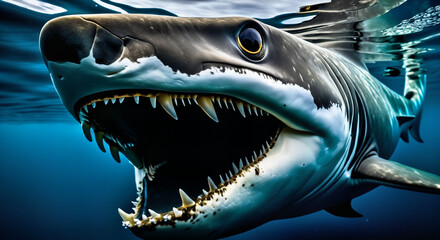 Close up portrait of shark in ocean, terrible jaws