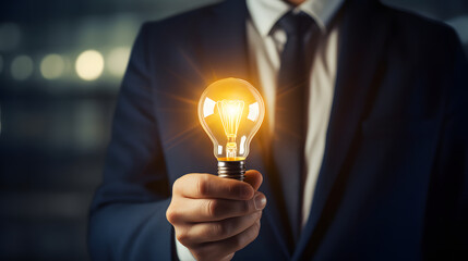 businessman holding bulb concept of innovation, idea, and brainstorming