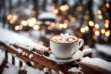 A  cup of cocoa topped with marshmallows sitting on a frosty wooden railing.
