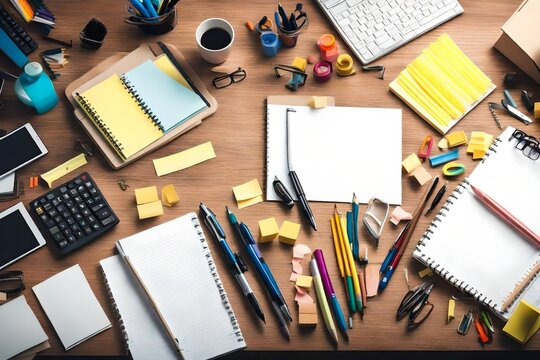 An array of different office supplies neatly arranged on a desk, including pens, paper, and sticky notes.