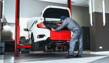 Panorama of car service. Mechanic repairing a car. Horizontal photo of car repair in the dealership.