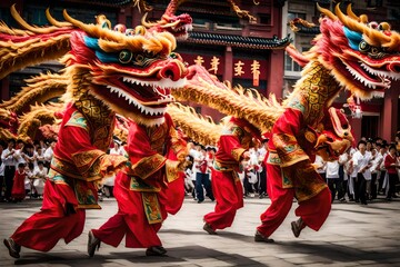 A dramatic display of traditional Chinese dragon dancers in motion - obrazy, fototapety, plakaty