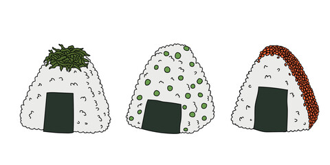 Hand drawn onigiri clipart set. Japanese fast food made of rice. Rice ball in nori seaweed