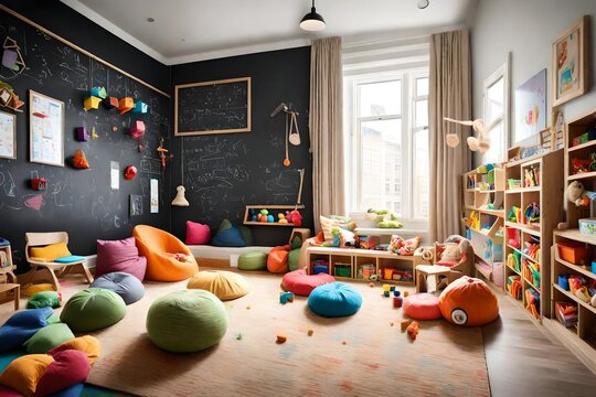 A kids' playroom filled with colorful toys, a chalkboard wall, and a cozy bean bag corner.