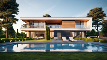 Fototapeta na wymiar Perspective of luxury modern house with swimming pool