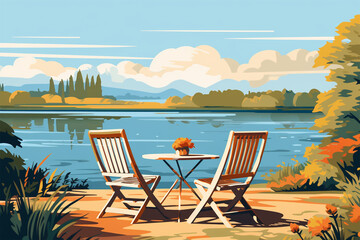 vector illustration of a view of a relaxing place by the lake