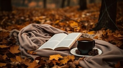Naklejka na ściany i meble Cozy and boho autumn picnic in the colorful forest with a soft warm blanket and cup of coffee 