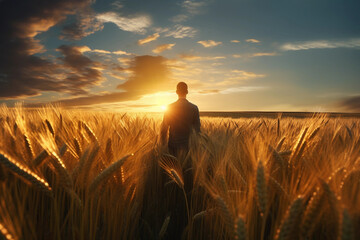 A man is in a wheat field looking at the sunset - obrazy, fototapety, plakaty