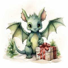 green dragon, symbol of the year 2024 with a gift,hand-drawn style,watercolor style