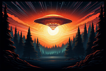 vector illustration of a view of a UFO about to land