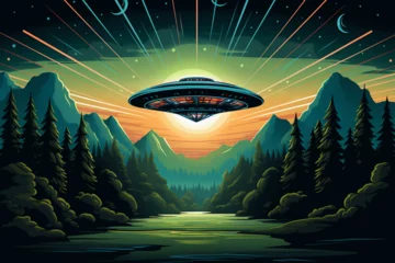 Fotobehang vector illustration of a view of a UFO about to land © Yoshimura