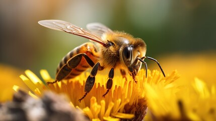 A bee is perched on a flower, sucking the nectar from the flower with a natural background - obrazy, fototapety, plakaty