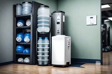 A water cooler with cups beside it in a gym corner.
