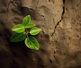 Survival and Growth: Plant Breaking Through a Rock Wall, with Dirt Background and Lush Green Leaf on Top