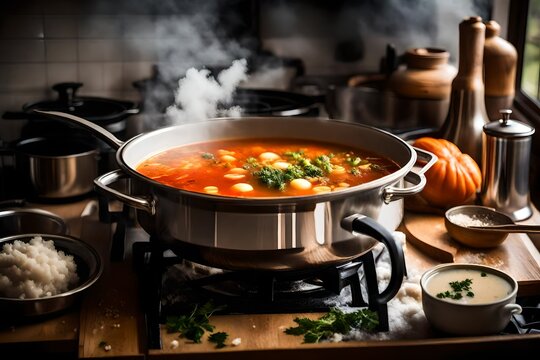 A bubbling  of homemade soup simmering on a stove, with steam rising.