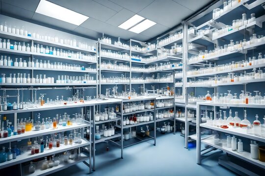 A modern, well-lit laboratory with shelves of neatly labeled chemical compounds and equipment.