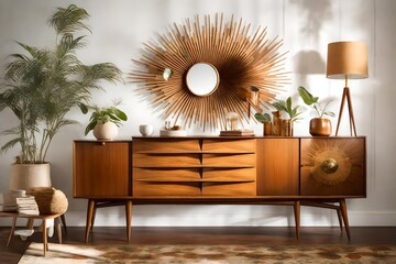 A mid-century modern sideboard with retro decor items and a sunburst mirror.