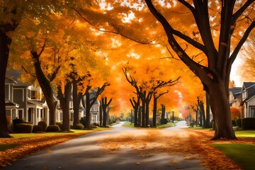 A quiet, tree-lined street in a suburban neighborhood during fall, with leaves covering the road.