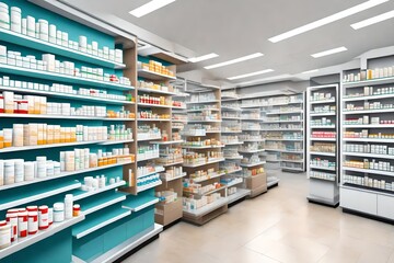 A modern pharmacy with rows of shelves stocked with various medicines and healthcare products.