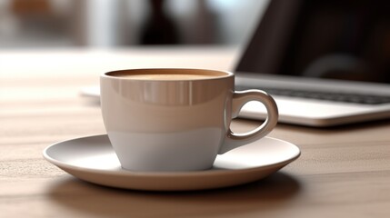 cup of coffee on work desk with laptop, Business and finance concept. Workplace